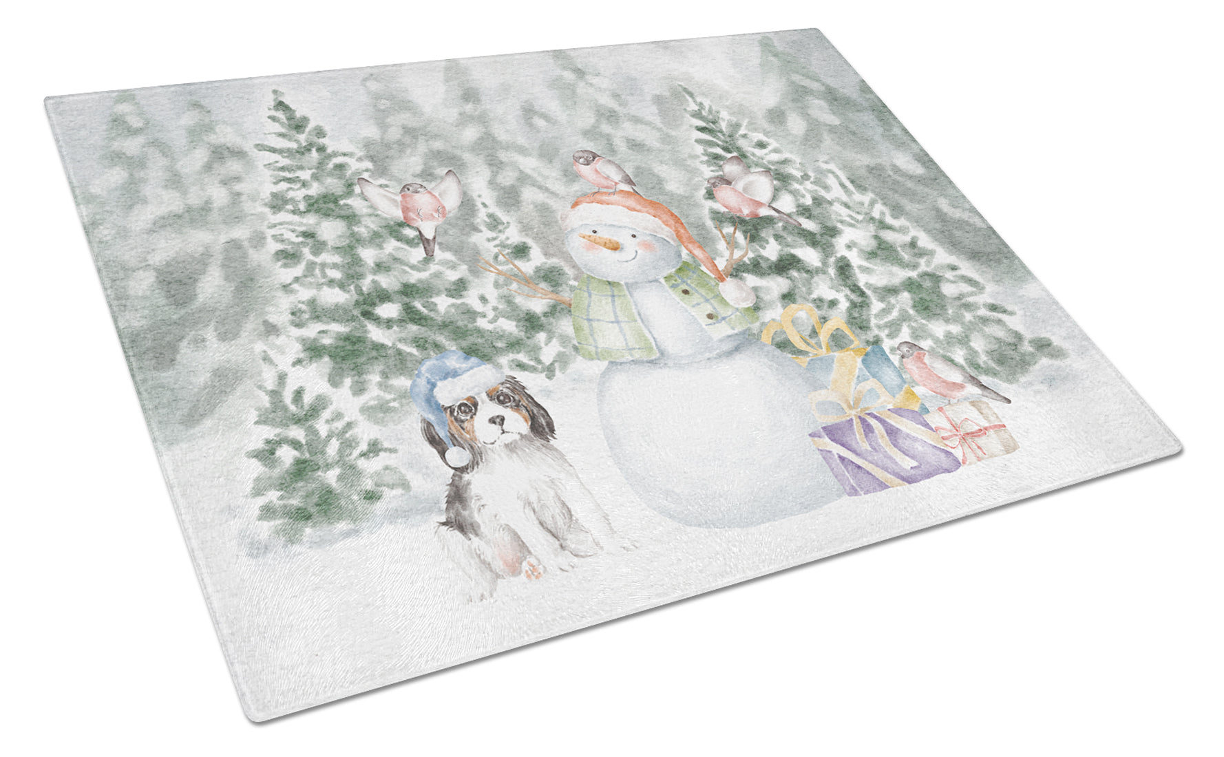 Cavalier King Charles Spaniel Tricolor Puppy Christmas Cutting Board Tempered Glass Kitchen Cutting Surface, Heat Resistant Chopping, Non-Slip Feet, Food Prep & Serving