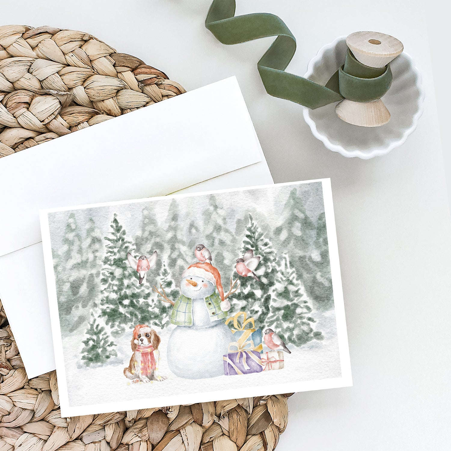 Cavalier King Charles Spaniel Blenheim Puppy Christmas Greeting Cards Pack of 8 Blank Cards with Envelopes Whimsical A7 Size 5x7