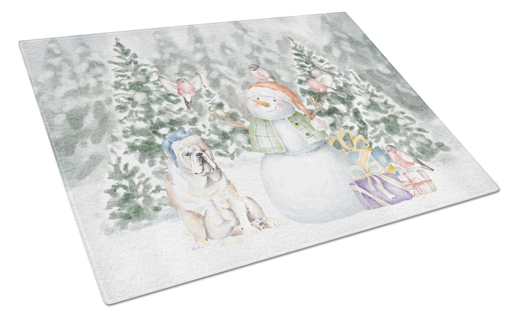 Bulldog Fawn Christmas Cutting Board Tempered Glass Kitchen Cutting Surface, Heat Resistant Chopping, Non-Slip Feet, Food Prep & Serving