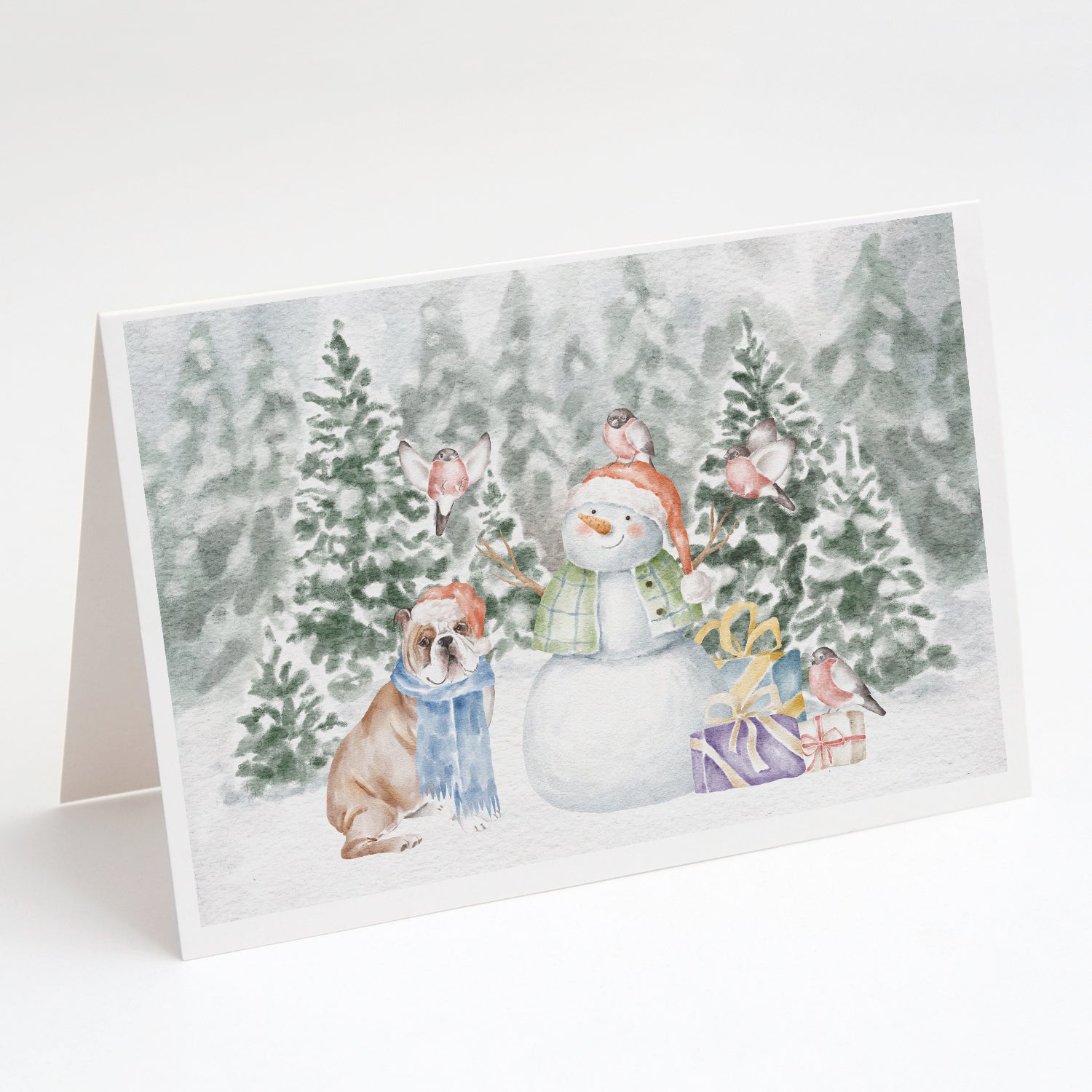 Bulldog Fawn and White Christmas Greeting Cards Pack of 8 Blank Cards with Envelopes Whimsical A7 Size 5x7