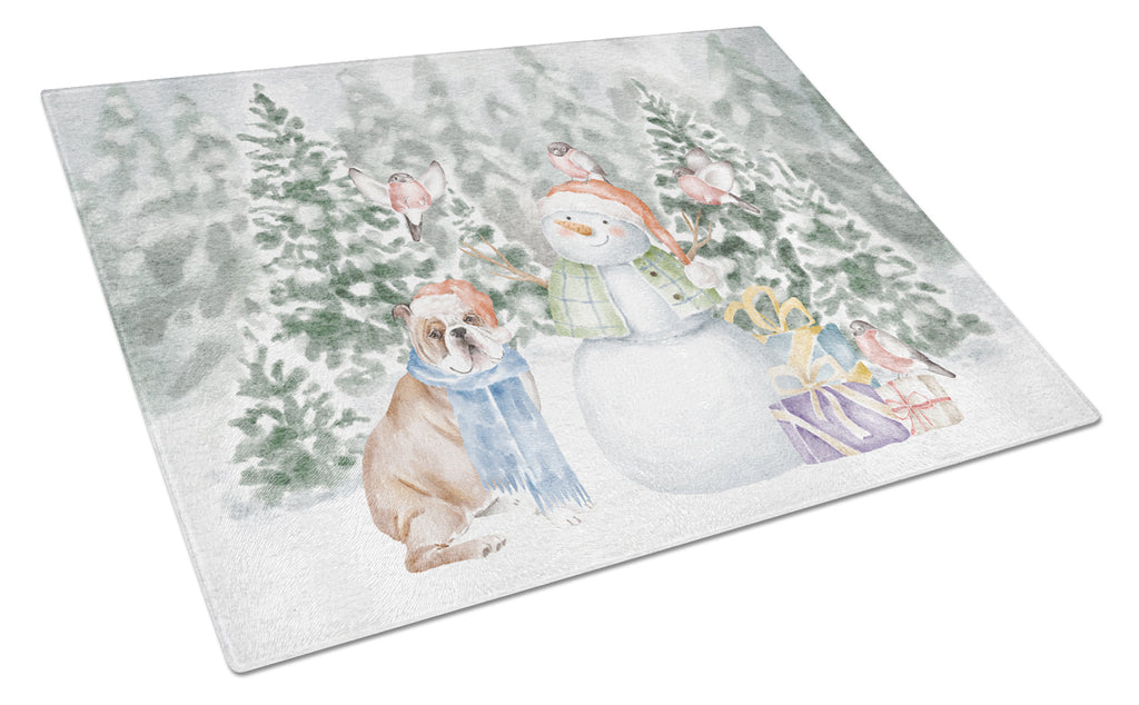 Bulldog Fawn and White Christmas Cutting Board Tempered Glass Kitchen Cutting Surface, Heat Resistant Chopping, Non-Slip Feet, Food Prep & Serving