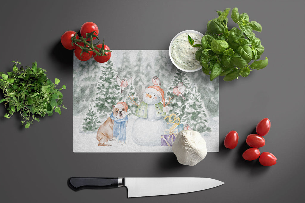 Bulldog Fawn and White Christmas Cutting Board Tempered Glass Kitchen Cutting Surface, Heat Resistant Chopping, Non-Slip Feet, Food Prep & Serving