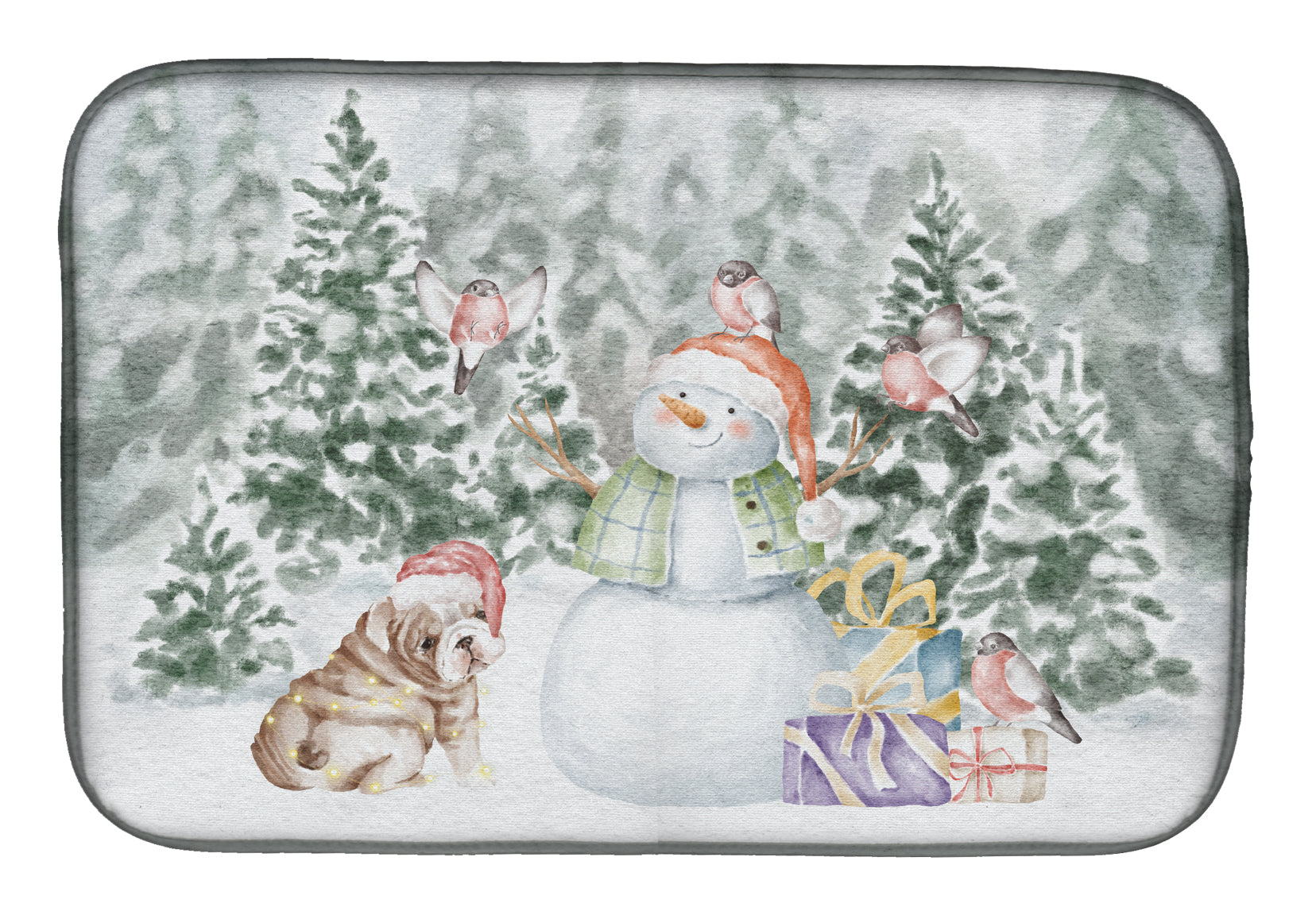 Bulldog Puppy Fawn and White Christmas Dish Drying Mat Absorbent Dish Drying Mat Pad for Kitchen Counter Dish Drainer Mat for Countertop, 14 x 21", Multicolor
