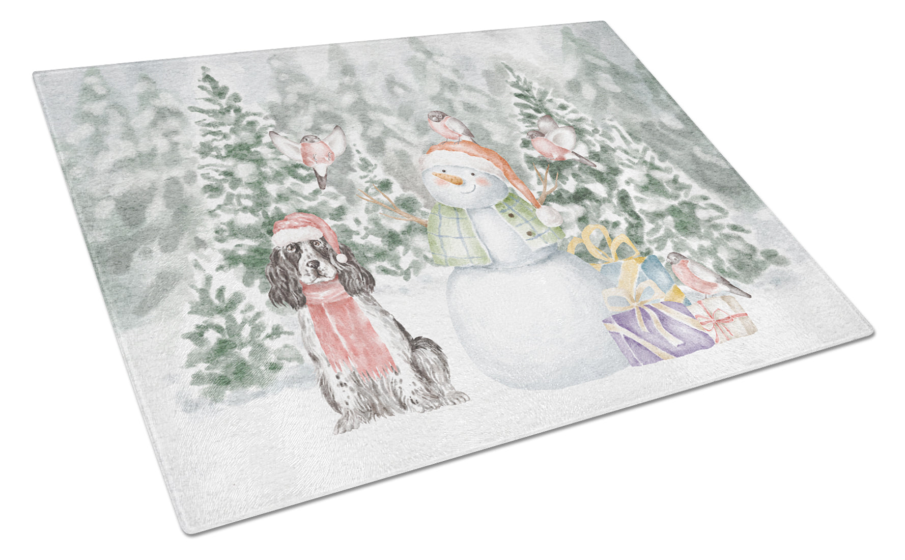 Cocker Spaniel Black and White Christmas Cutting Board Tempered Glass Kitchen Cutting Surface, Heat Resistant Chopping, Non-Slip Feet, Food Prep & Serving