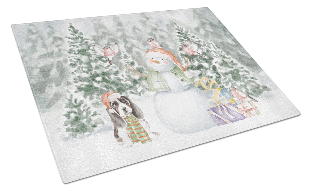 Basset Hound Puppy Tricolor Christmas Cutting Board Tempered Glass Kitchen Cutting Surface, Heat Resistant Chopping, Non-Slip Feet, Food Prep & Serving
