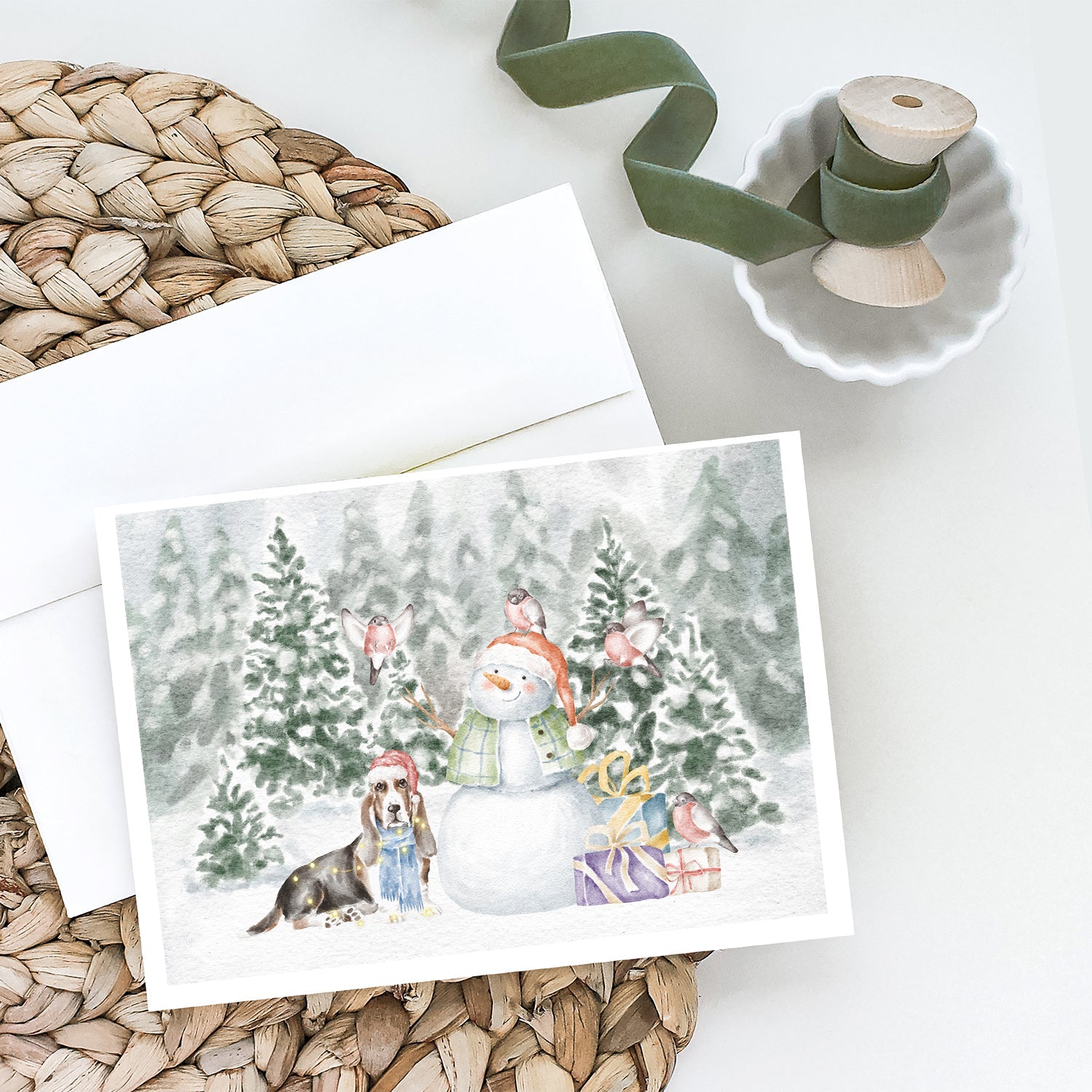 Basset Hound Tricolor Christmas Greeting Cards Pack of 8 Blank Cards with Envelopes Whimsical A7 Size 5x7