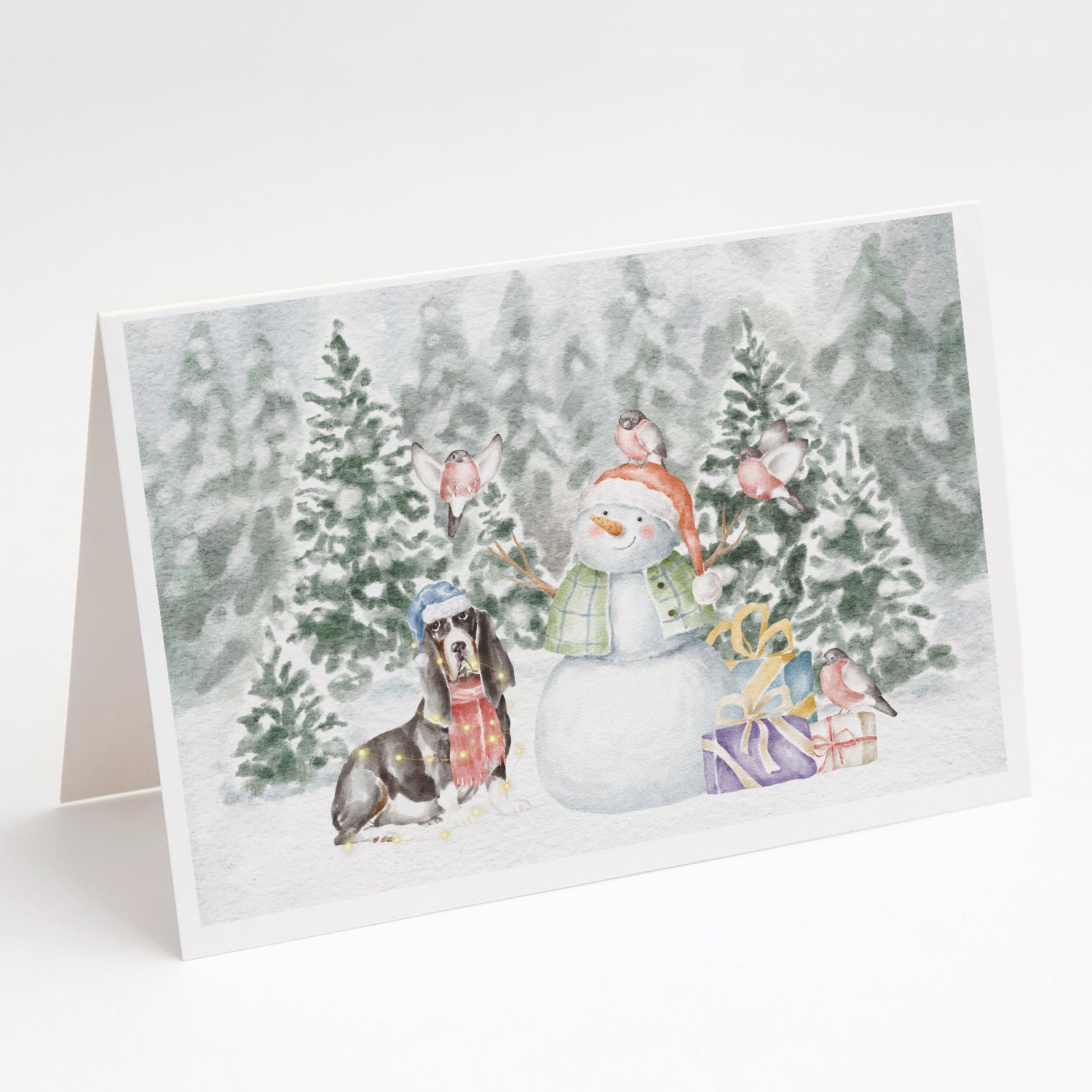 Basset Hound Black White and Tan Christmas Greeting Cards Pack of 8 Blank Cards with Envelopes Whimsical A7 Size 5x7