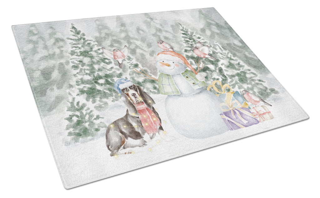 Basset Hound Black White and Tan Christmas Cutting Board Tempered Glass Kitchen Cutting Surface, Heat Resistant Chopping, Non-Slip Feet, Food Prep & Serving