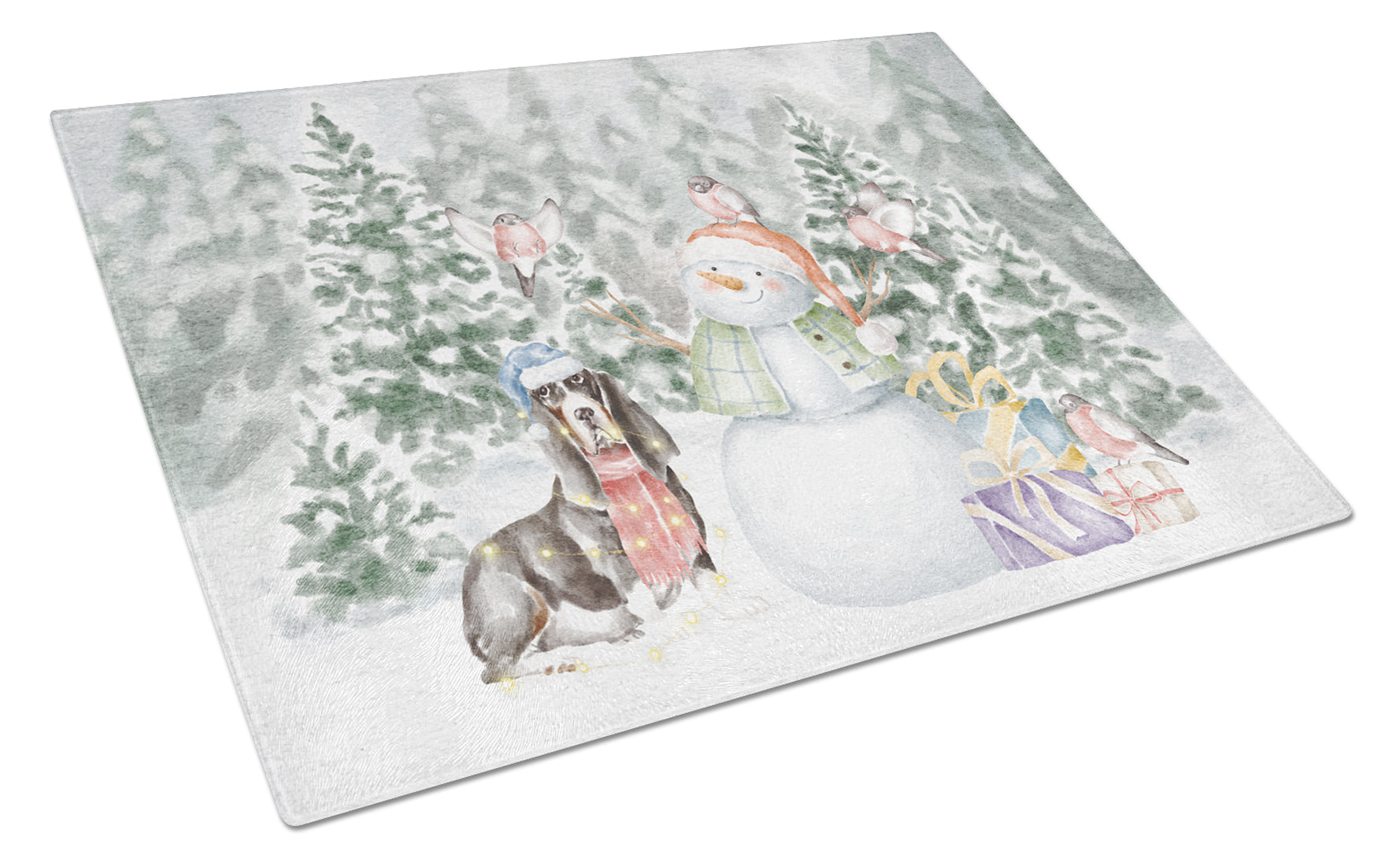 Basset Hound Black White and Tan Christmas Cutting Board Tempered Glass Kitchen Cutting Surface, Heat Resistant Chopping, Non-Slip Feet, Food Prep & Serving