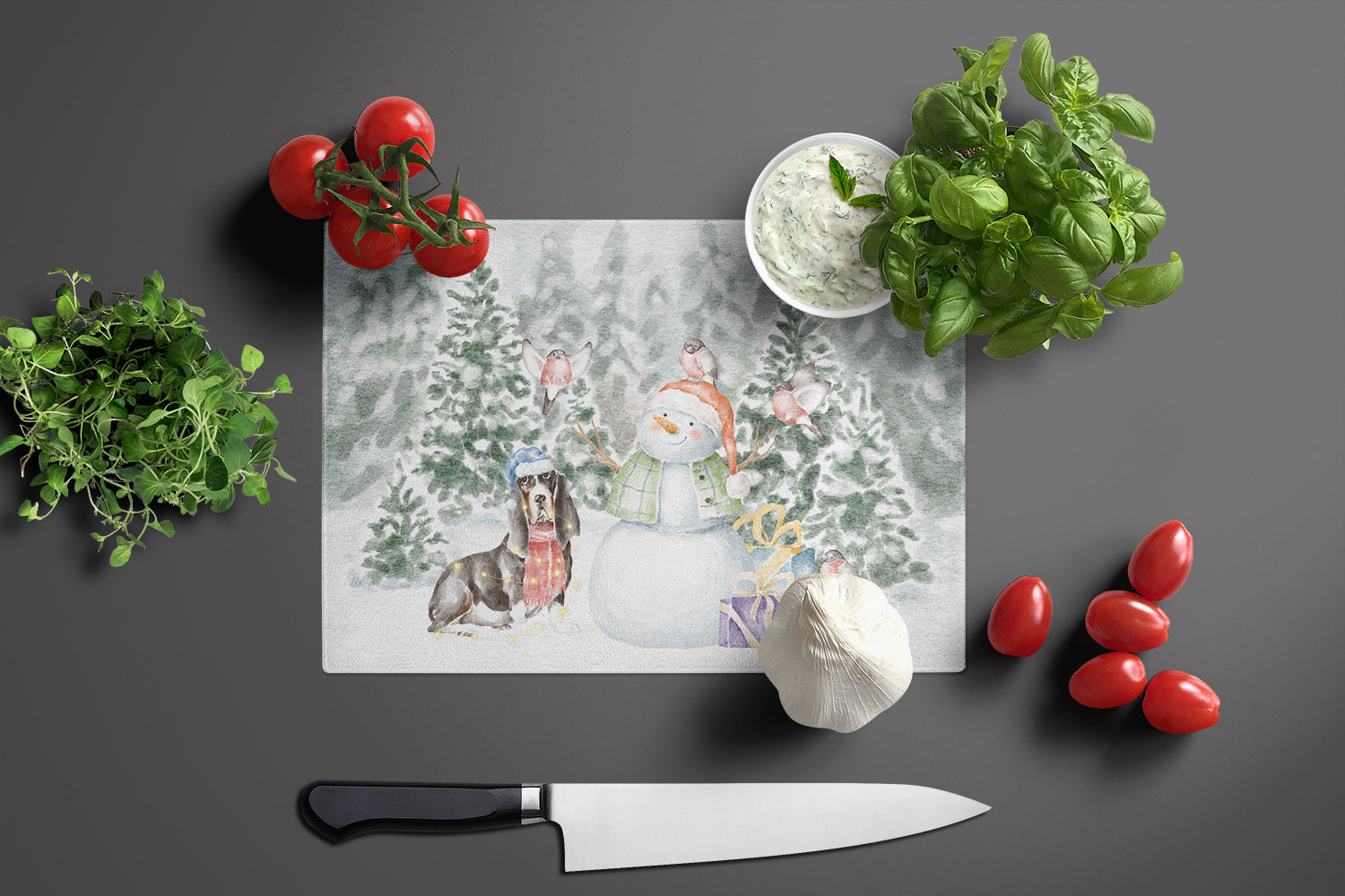 Basset Hound Black White and Tan Christmas Cutting Board Tempered Glass Kitchen Cutting Surface, Heat Resistant Chopping, Non-Slip Feet, Food Prep & Serving