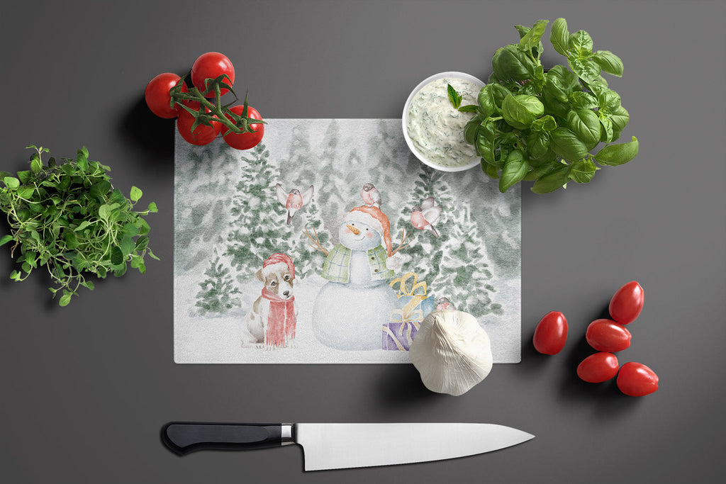 Jack Russell Terrier Puppy Christmas Cutting Board Tempered Glass Kitchen Cutting Surface, Heat Resistant Chopping, Non-Slip Feet, Food Prep & Serving