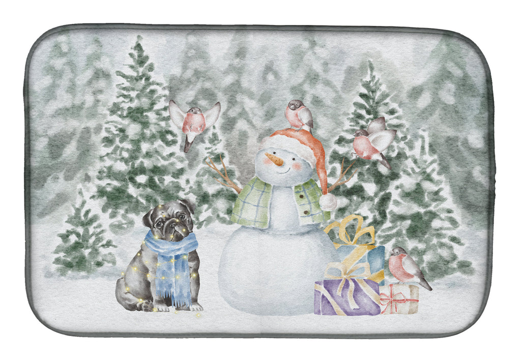 Pug Black Sitting Christmas Dish Drying Mat Absorbent Dish Drying Mat Pad for Kitchen Counter Dish Drainer Mat for Countertop, 14 x 21", Multicolor
