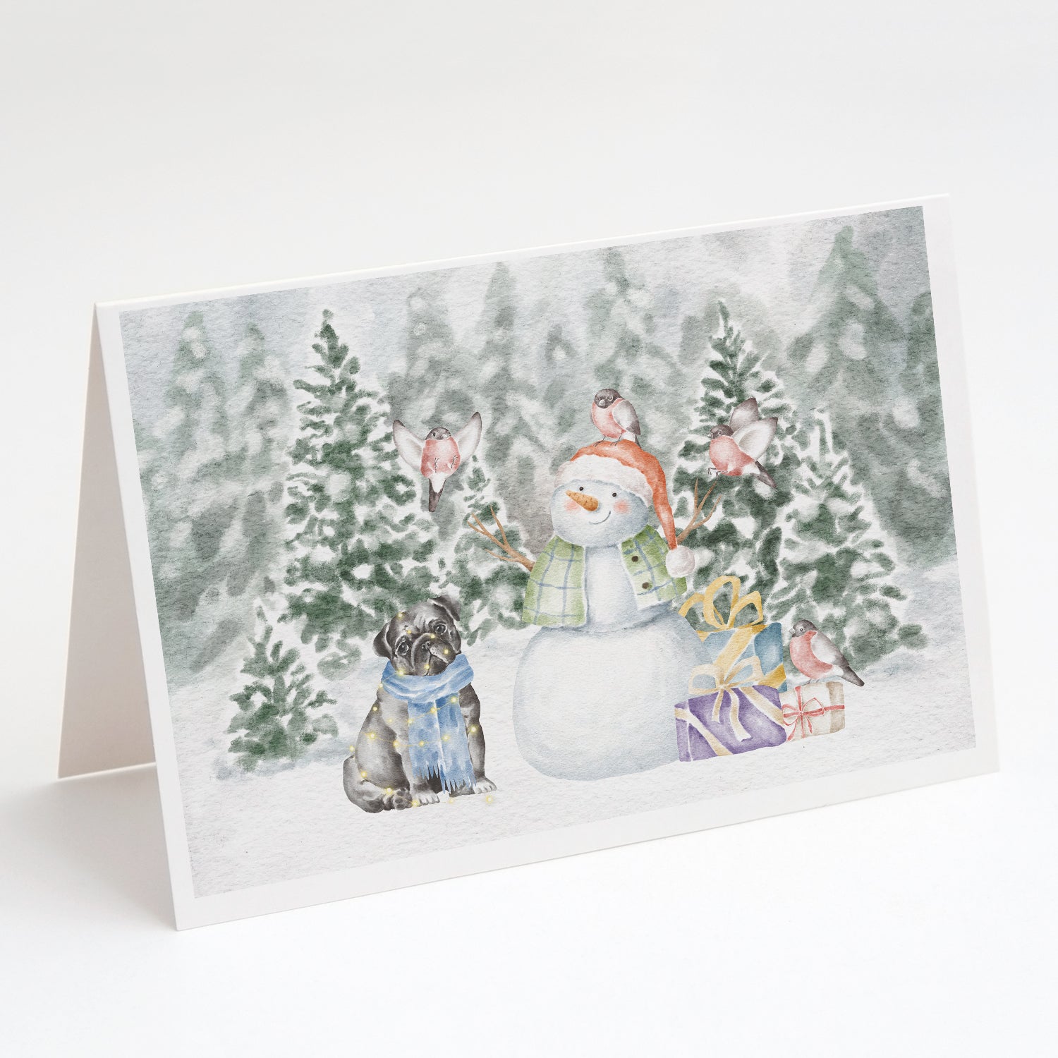 Pug Black Sitting Christmas Greeting Cards Pack of 8 Blank Cards with Envelopes Whimsical A7 Size 5x7