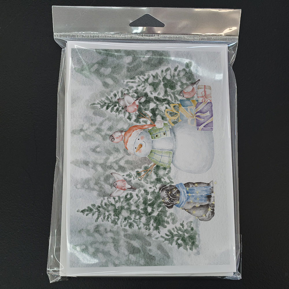 Pug Black Sitting Christmas Greeting Cards Pack of 8 Blank Cards with Envelopes Whimsical A7 Size 5x7