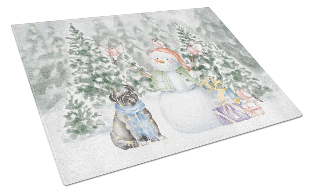 Pug Black Sitting Christmas Cutting Board Tempered Glass Kitchen Cutting Surface, Heat Resistant Chopping, Non-Slip Feet, Food Prep & Serving