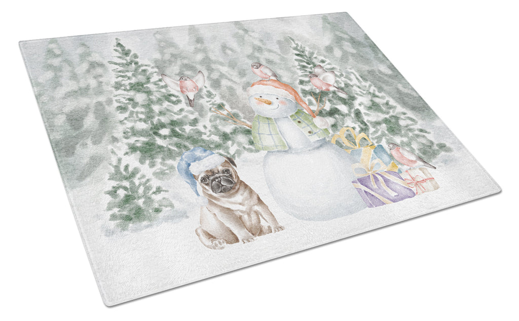 Pug Fawn Sitting Christmas Cutting Board Tempered Glass Kitchen Cutting Surface, Heat Resistant Chopping, Non-Slip Feet, Food Prep & Serving