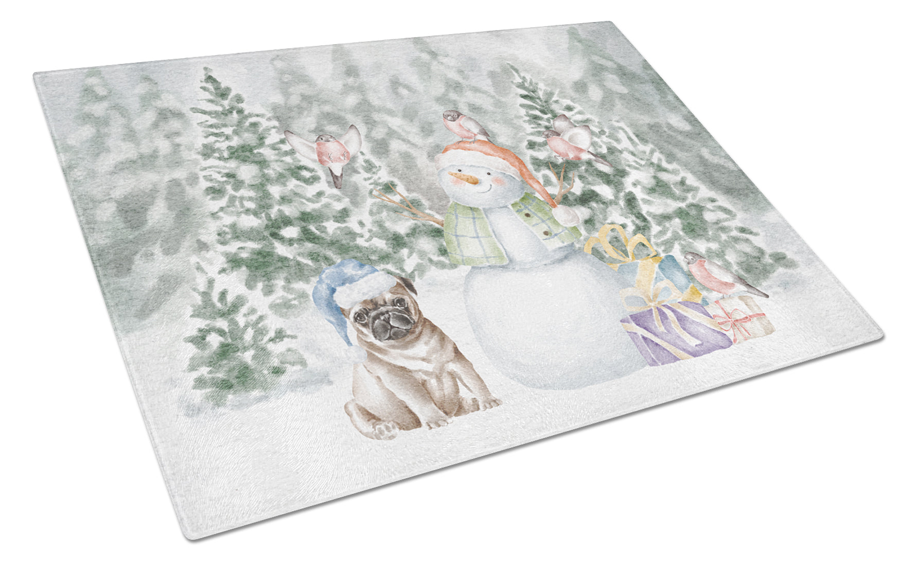 Pug Fawn Sitting Christmas Cutting Board Tempered Glass Kitchen Cutting Surface, Heat Resistant Chopping, Non-Slip Feet, Food Prep & Serving