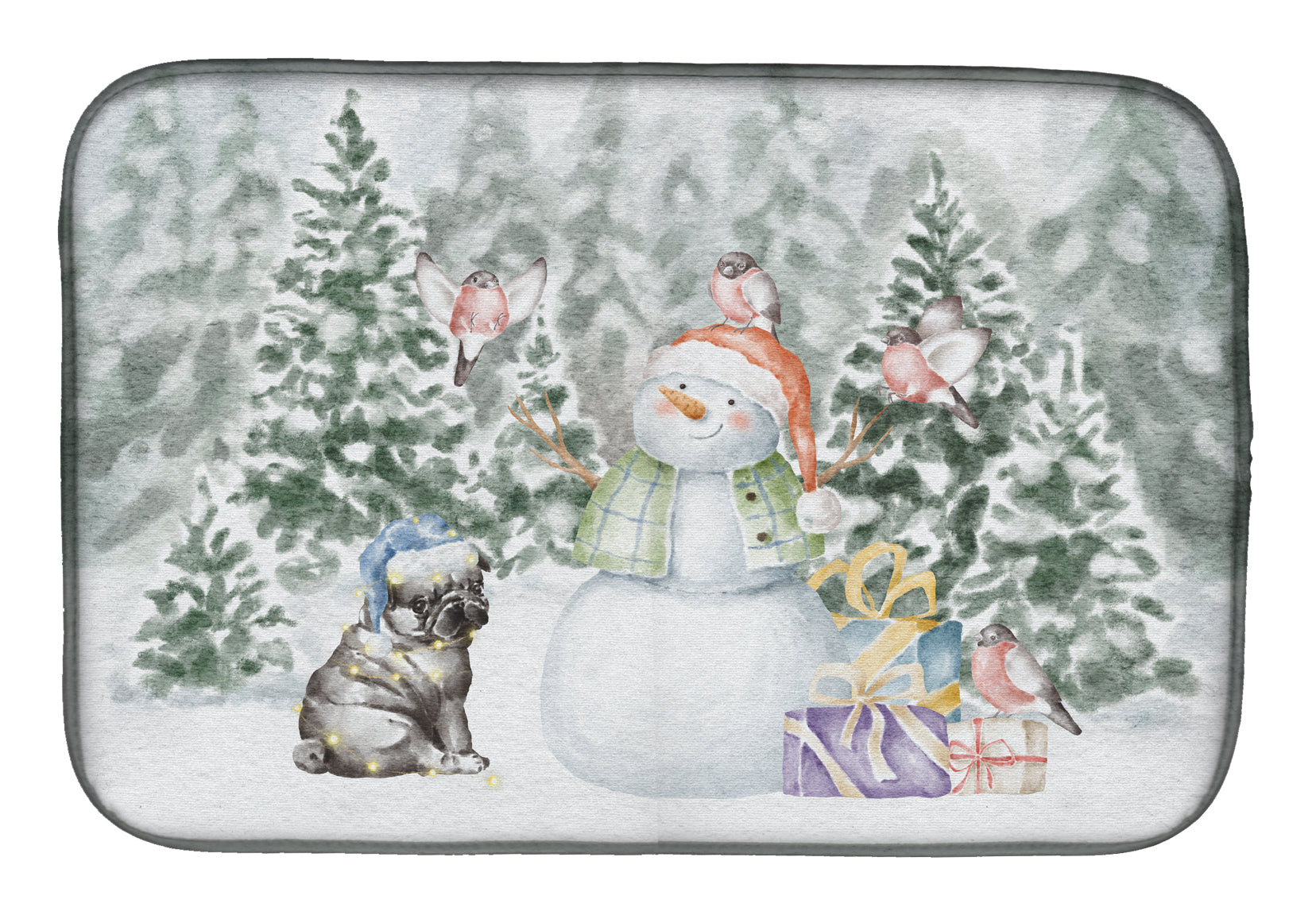 Pug Puppy Black Christmas Dish Drying Mat Absorbent Dish Drying Mat Pad for Kitchen Counter Dish Drainer Mat for Countertop, 14 x 21", Multicolor