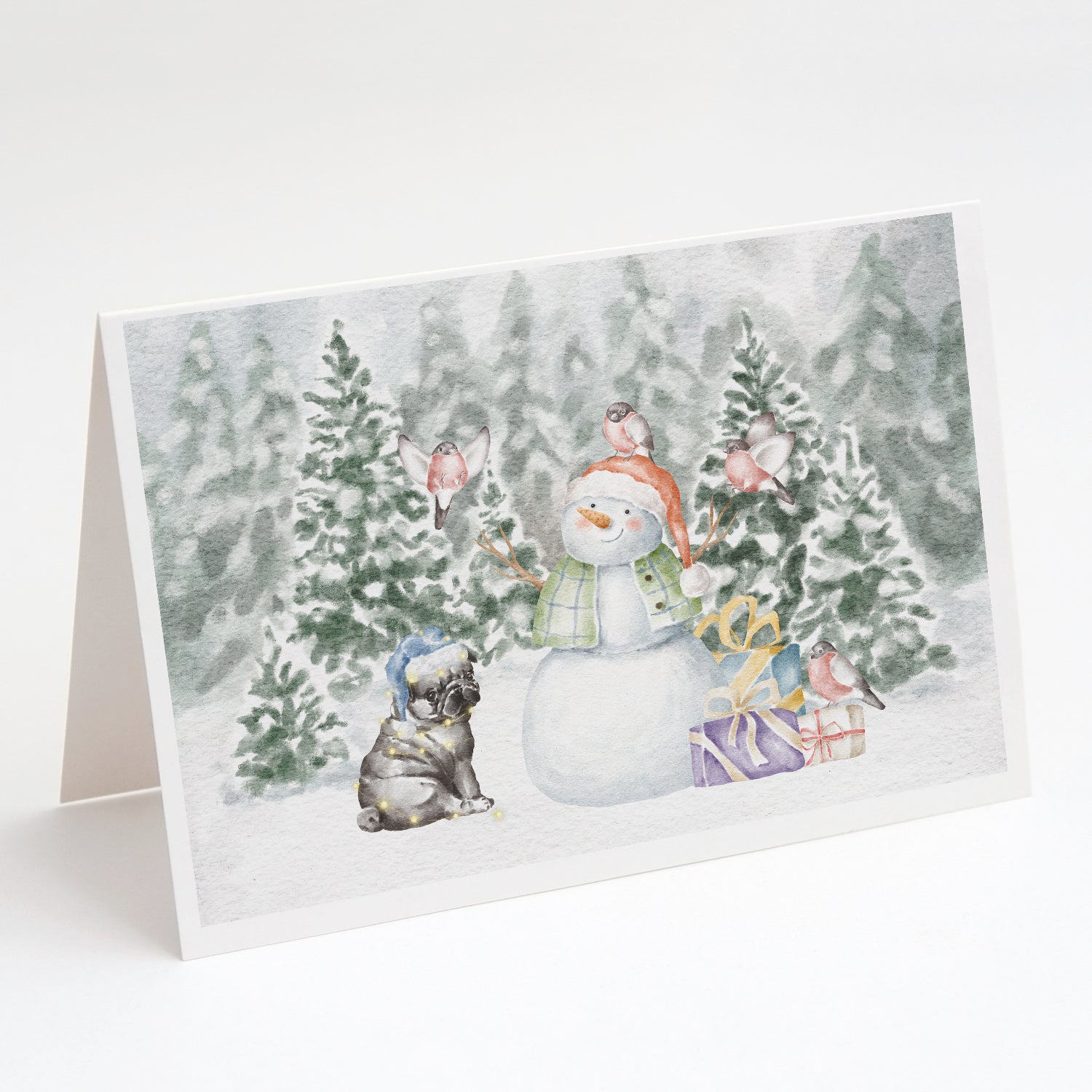 Pug Puppy Black Christmas Greeting Cards Pack of 8 Blank Cards with Envelopes Whimsical A7 Size 5x7
