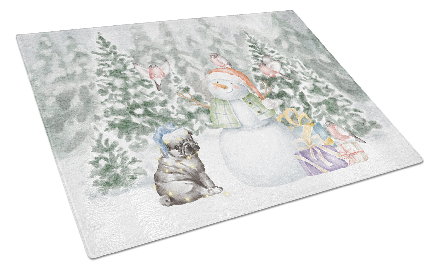 Pug Puppy Black Christmas Cutting Board Tempered Glass Kitchen Cutting Surface, Heat Resistant Chopping, Non-Slip Feet, Food Prep & Serving