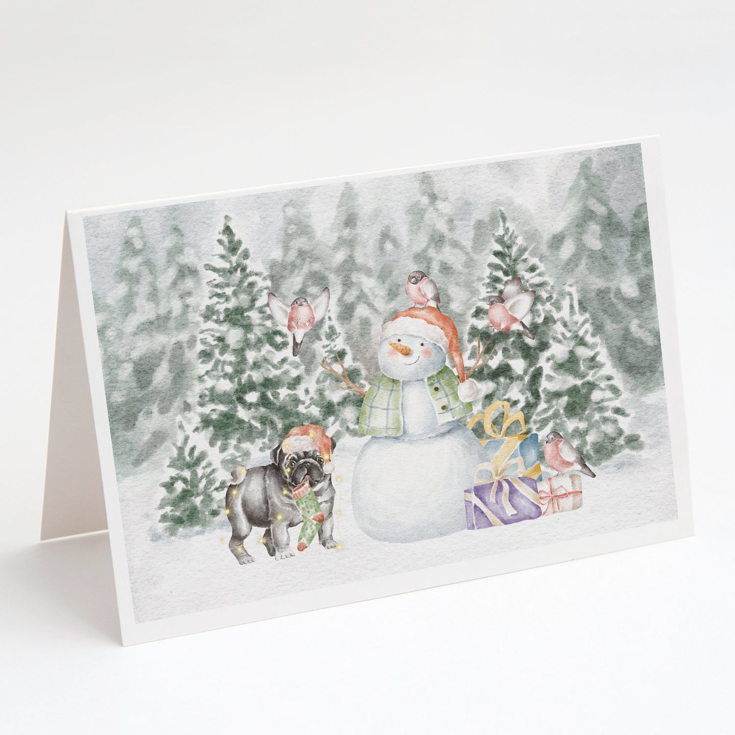 Pug Black Standing Christmas Greeting Cards Pack of 8 Blank Cards with Envelopes Whimsical A7 Size 5x7