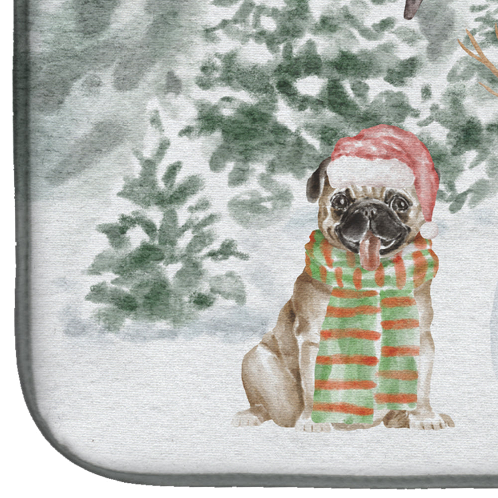 Pug Fawn Smiling Christmas Dish Drying Mat Absorbent Dish Drying Mat Pad for Kitchen Counter Dish Drainer Mat for Countertop, 14 x 21", Multicolor