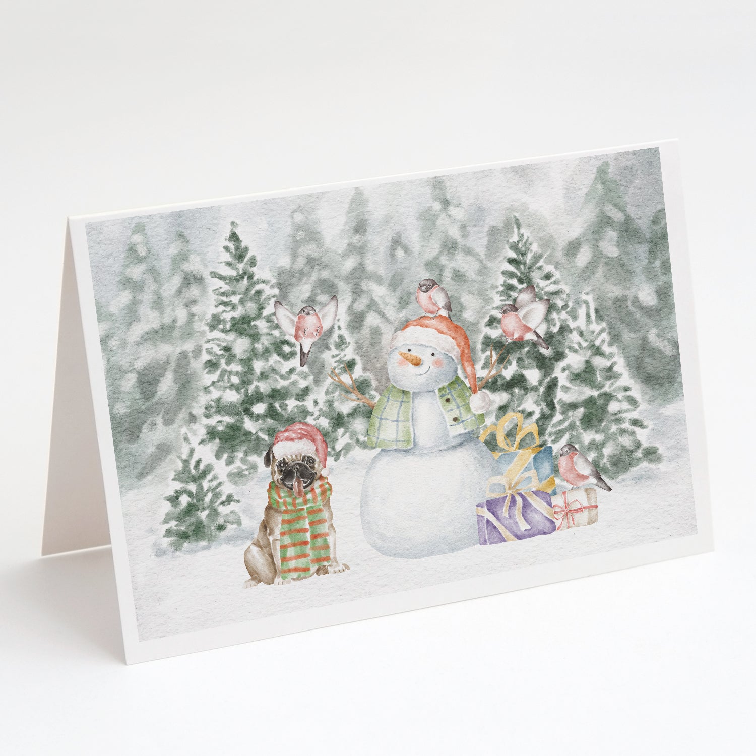 Pug Fawn Smiling Christmas Greeting Cards Pack of 8 Blank Cards with Envelopes Whimsical A7 Size 5x7