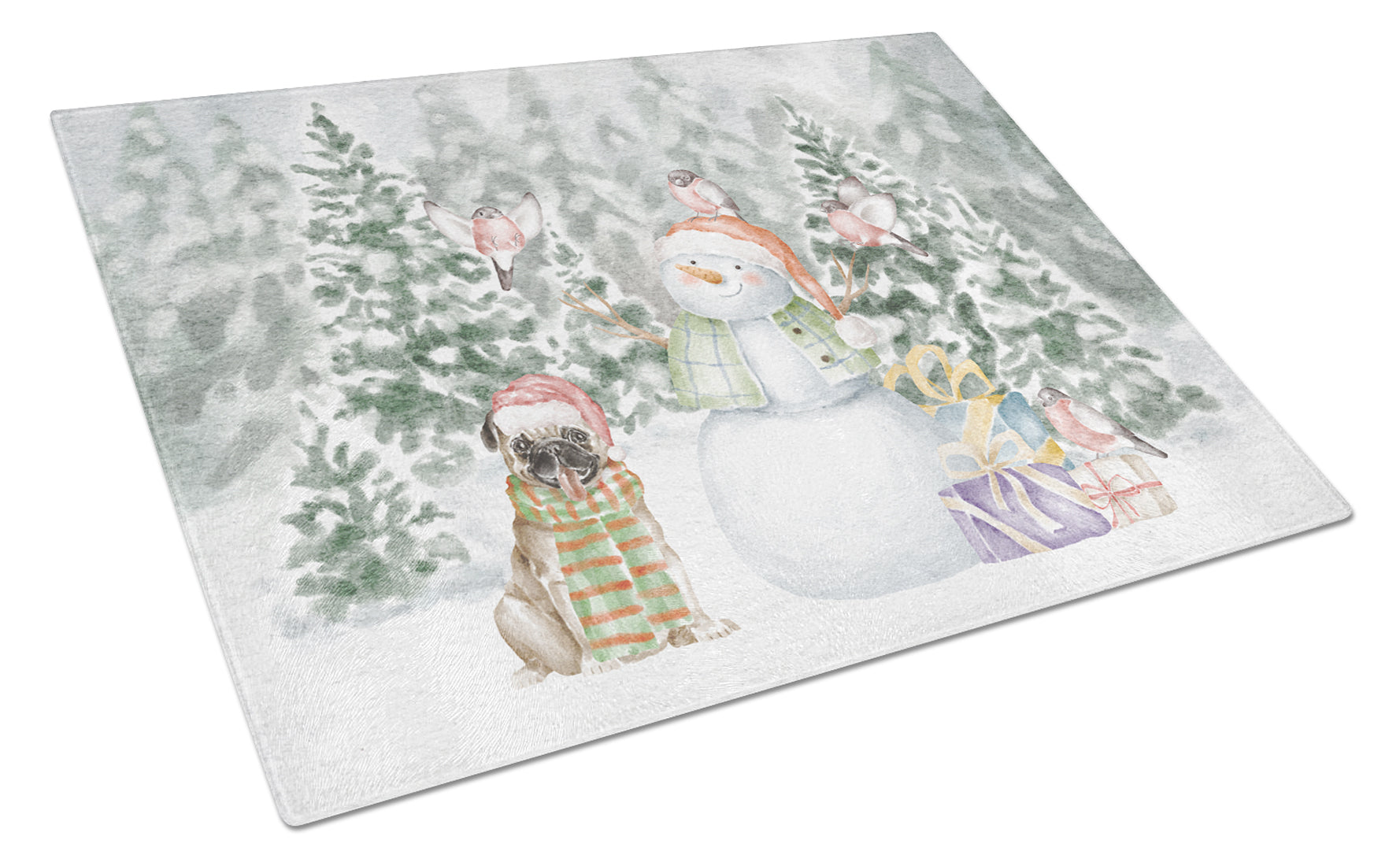 Pug Fawn Smiling Christmas Cutting Board Tempered Glass Kitchen Cutting Surface, Heat Resistant Chopping, Non-Slip Feet, Food Prep & Serving