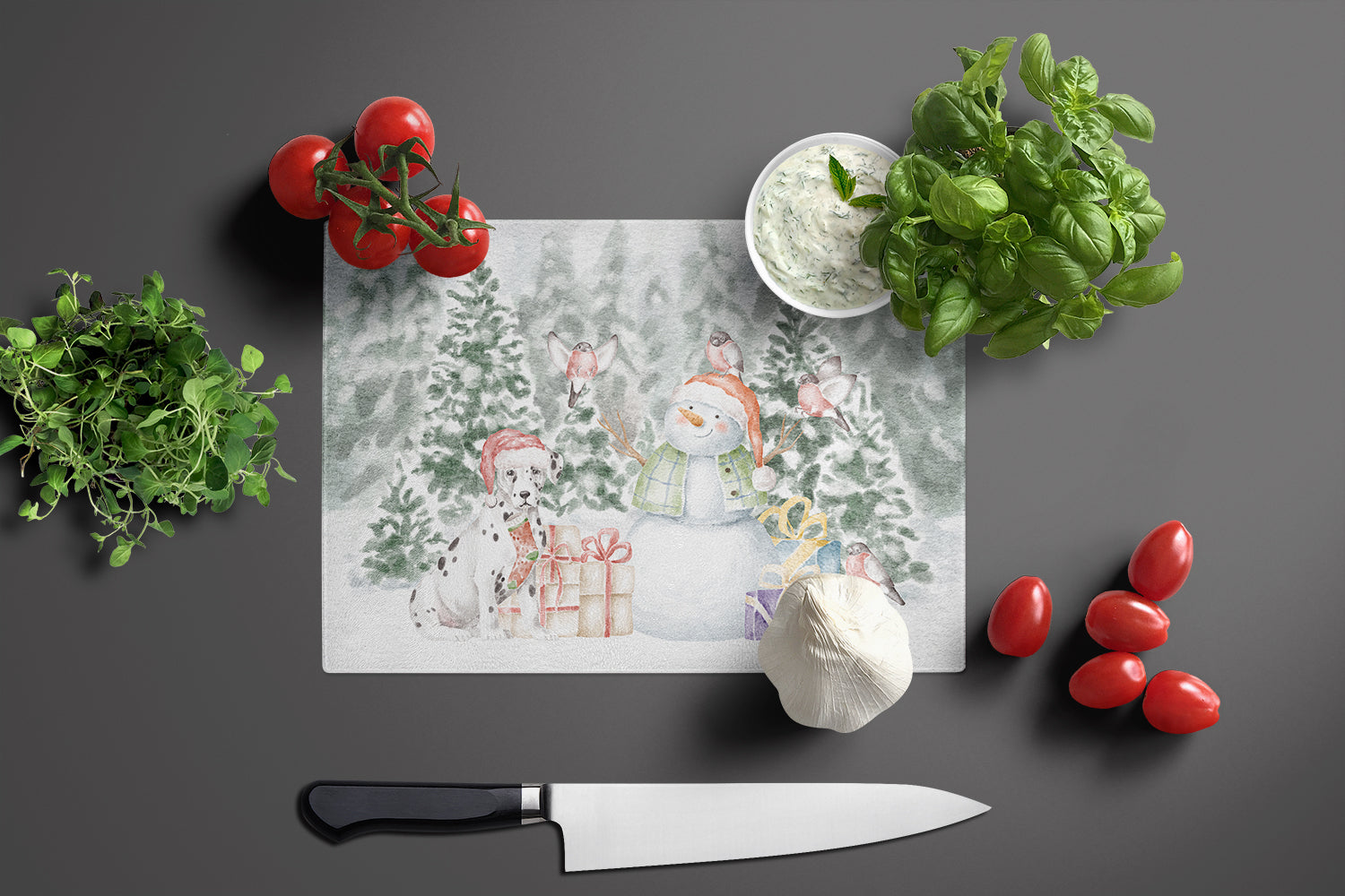Dalmatian Puppy Christmas Cutting Board Tempered Glass Kitchen Cutting Surface, Heat Resistant Chopping, Non-Slip Feet, Food Prep & Serving