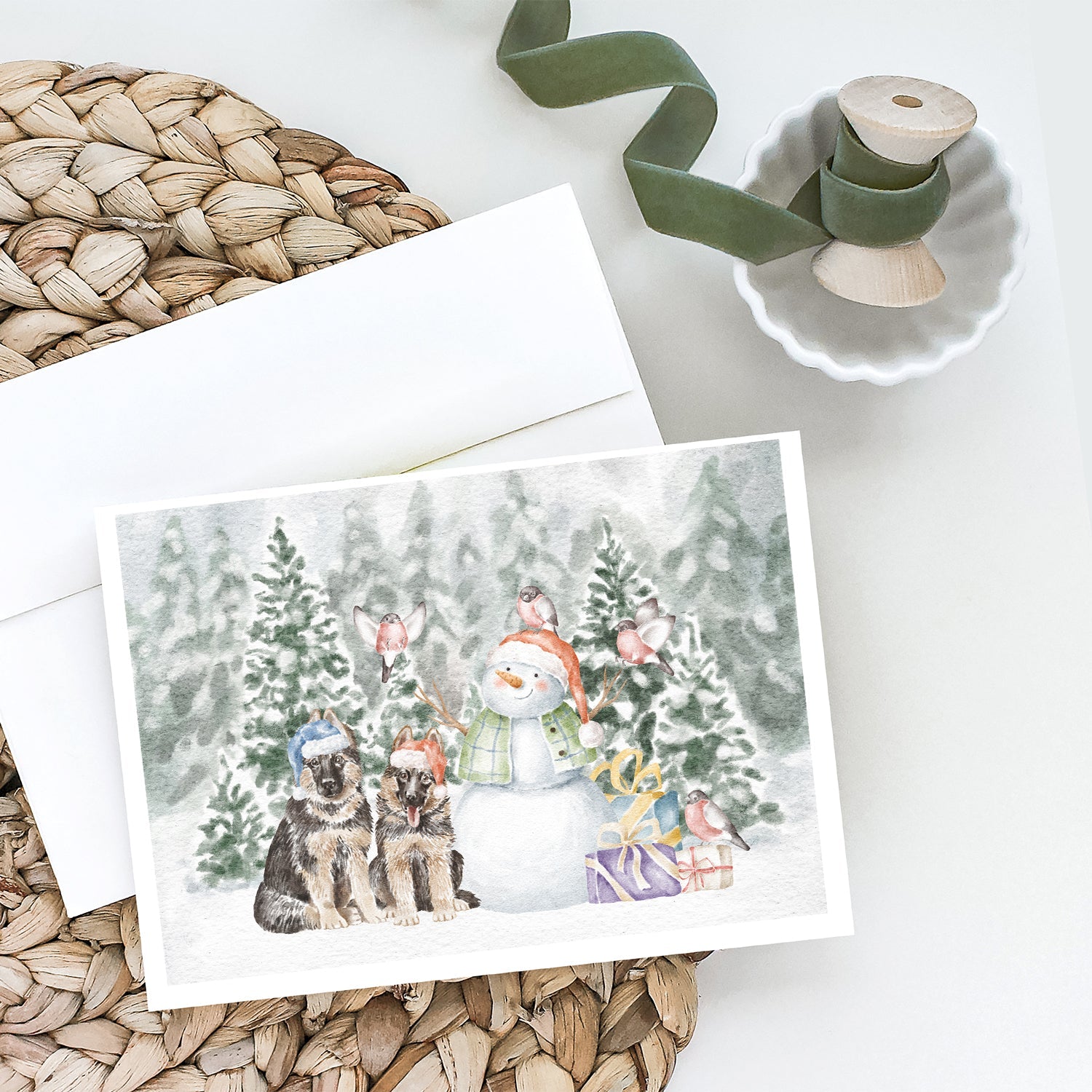 German Shepherd Puppy Duo Christmas Greeting Cards Pack of 8 Blank Cards with Envelopes Whimsical A7 Size 5x7