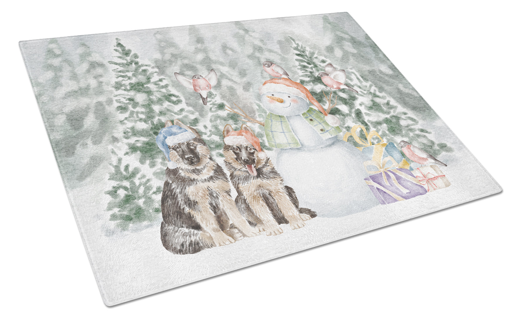 German Shepherd Puppy Duo Christmas Cutting Board Tempered Glass Kitchen Cutting Surface, Heat Resistant Chopping, Non-Slip Feet, Food Prep & Serving