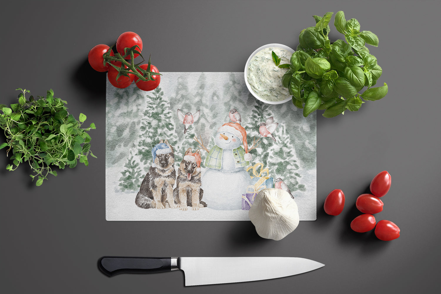 German Shepherd Puppy Duo Christmas Cutting Board Tempered Glass Kitchen Cutting Surface, Heat Resistant Chopping, Non-Slip Feet, Food Prep & Serving