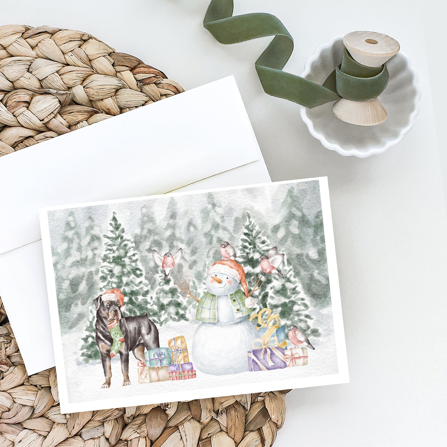 Rottweiler Standing Christmas Greeting Cards Pack of 8 Blank Cards with Envelopes Whimsical A7 Size 5x7
