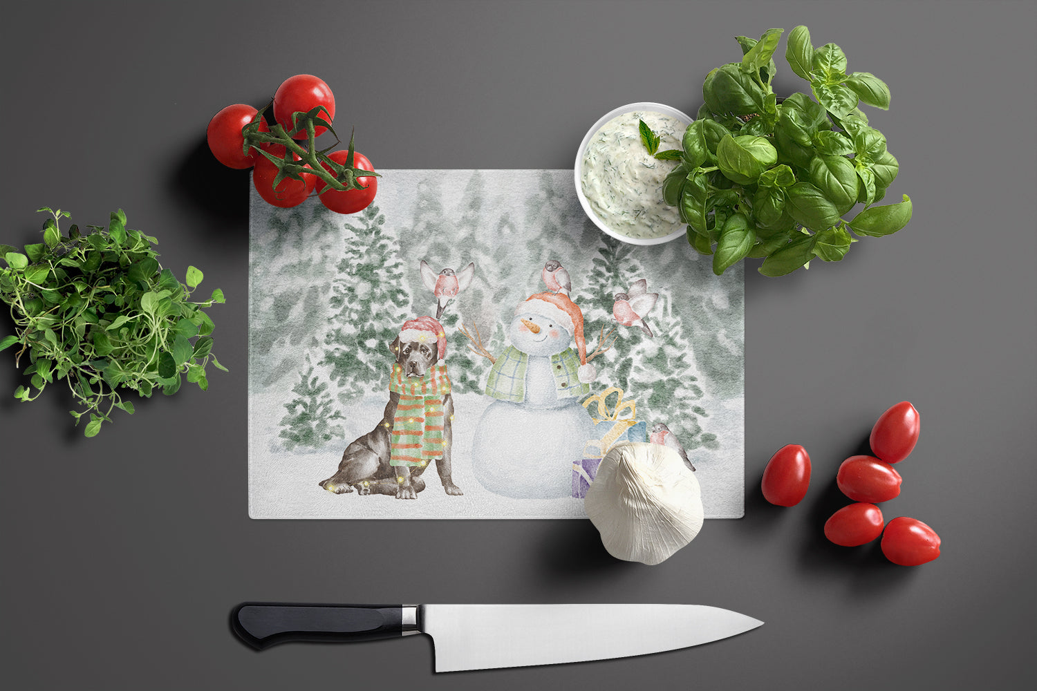 Labrador Retriever Black Christmas Cutting Board Tempered Glass Kitchen Cutting Surface, Heat Resistant Chopping, Non-Slip Feet, Food Prep & Serving