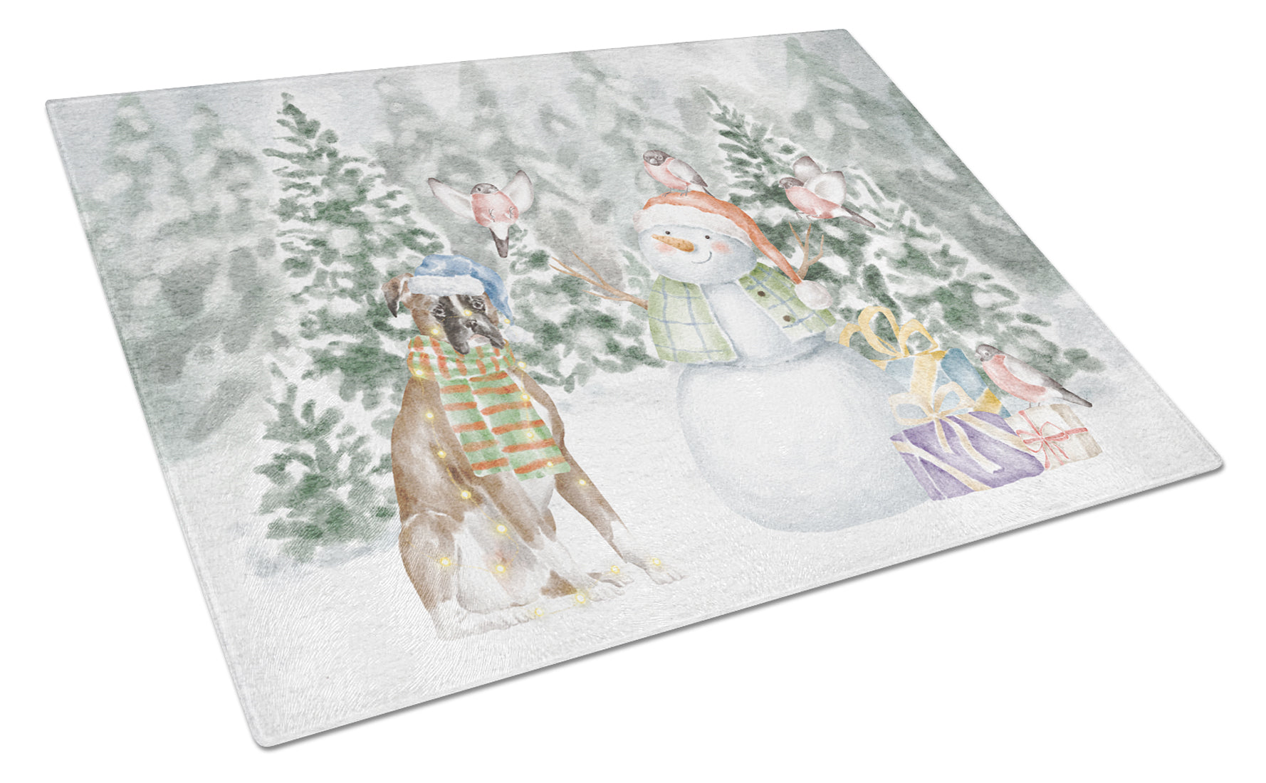 Boxer Fawn Christmas Cutting Board Tempered Glass Kitchen Cutting Surface, Heat Resistant Chopping, Non-Slip Feet, Food Prep & Serving