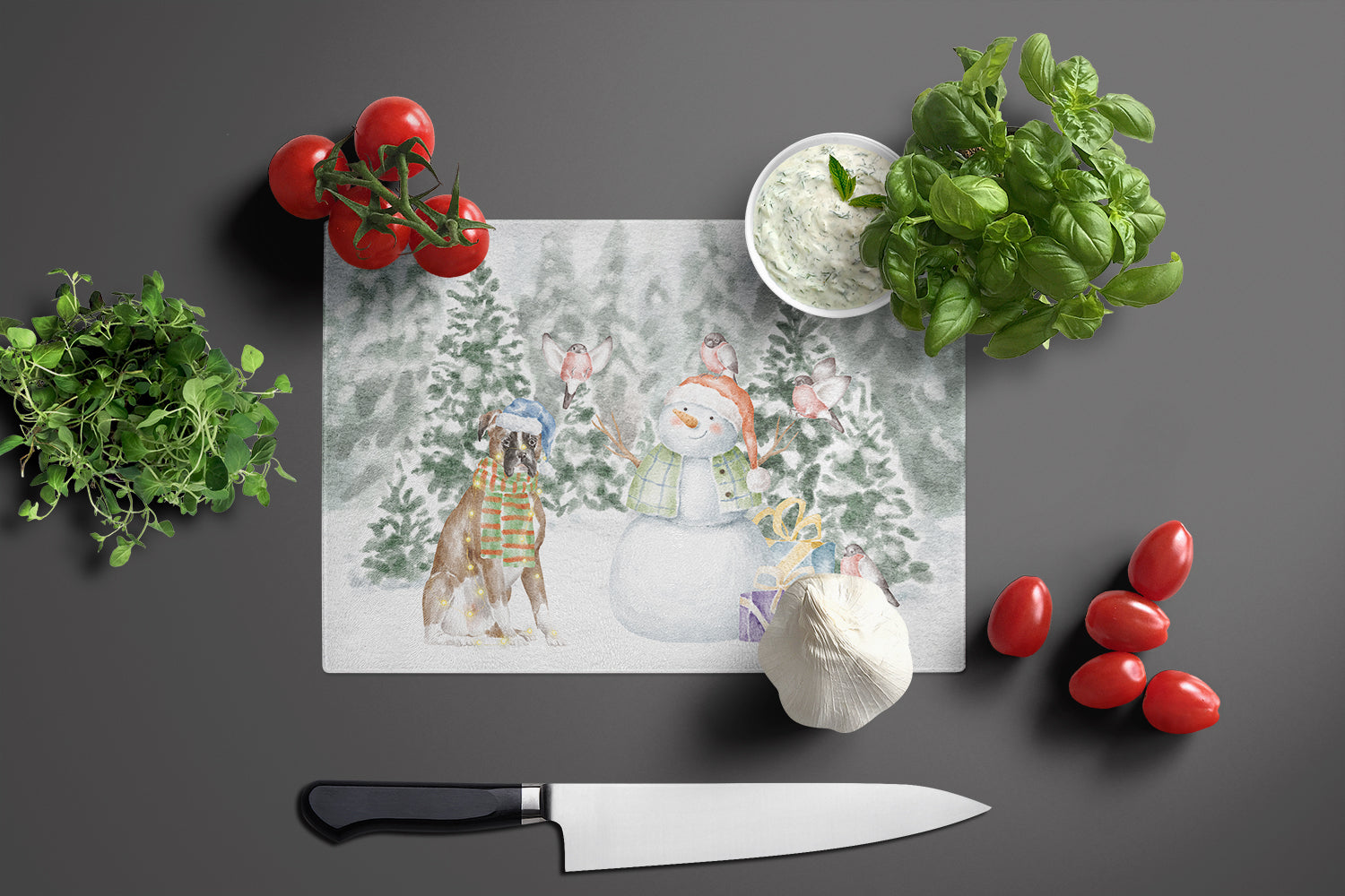 Boxer Fawn Christmas Cutting Board Tempered Glass Kitchen Cutting Surface, Heat Resistant Chopping, Non-Slip Feet, Food Prep & Serving