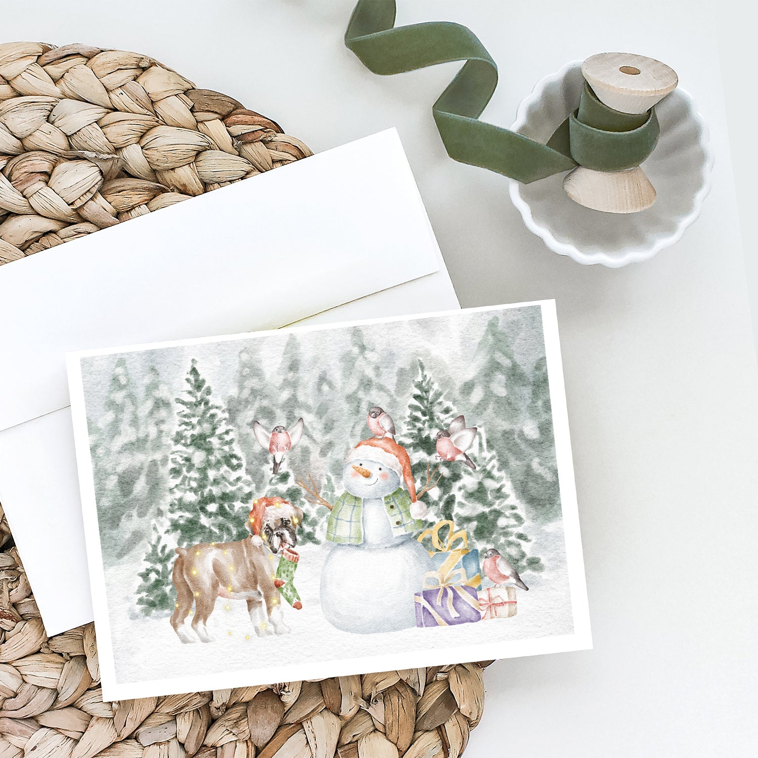 Boxer Fawn Puppy Standing Christmas Greeting Cards Pack of 8 Blank Cards with Envelopes Whimsical A7 Size 5x7
