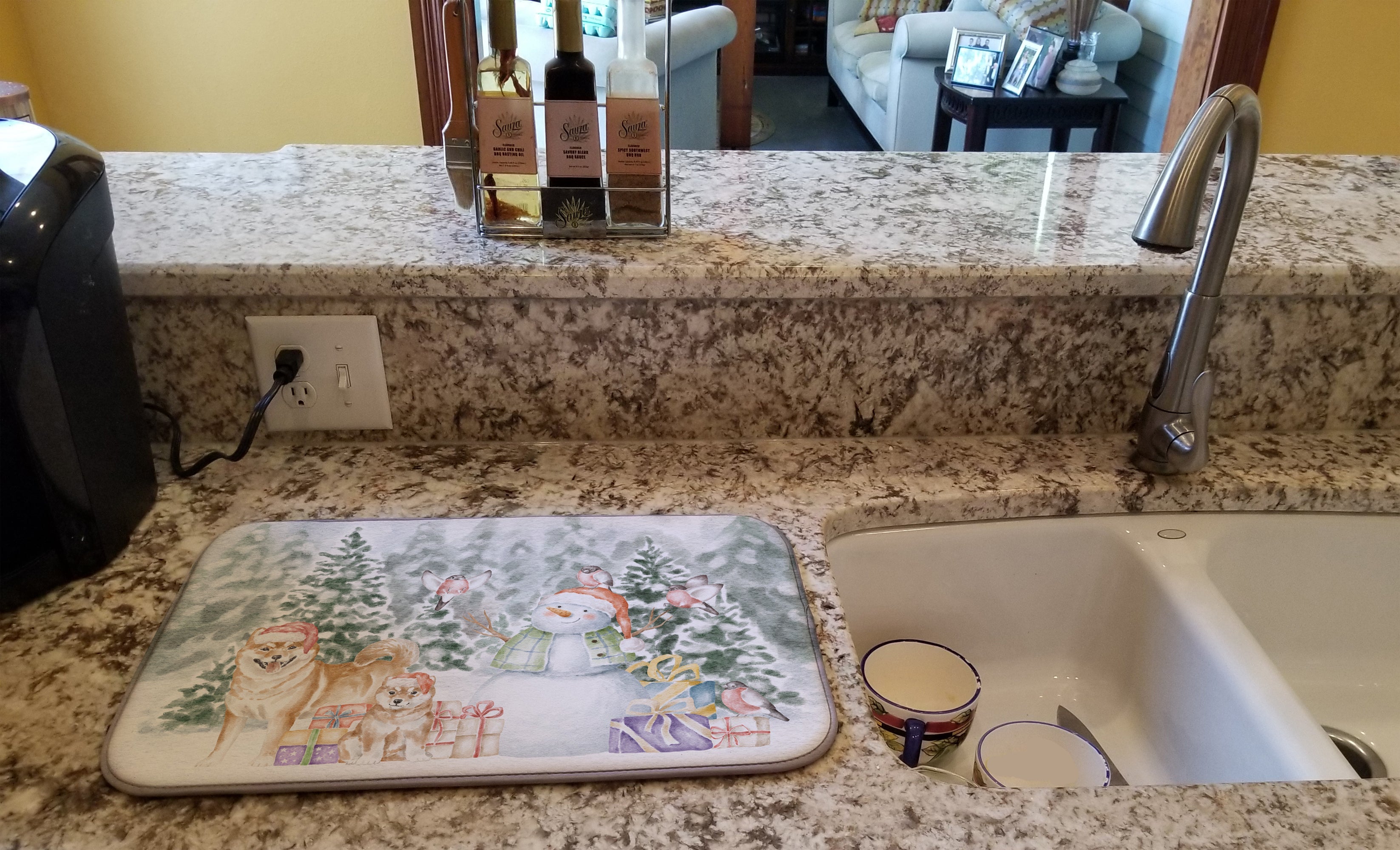 Shiba Inu Adult and Puppy Christmas Dish Drying Mat Absorbent Dish Drying Mat Pad for Kitchen Counter Dish Drainer Mat for Countertop, 14 x 21", Multicolor