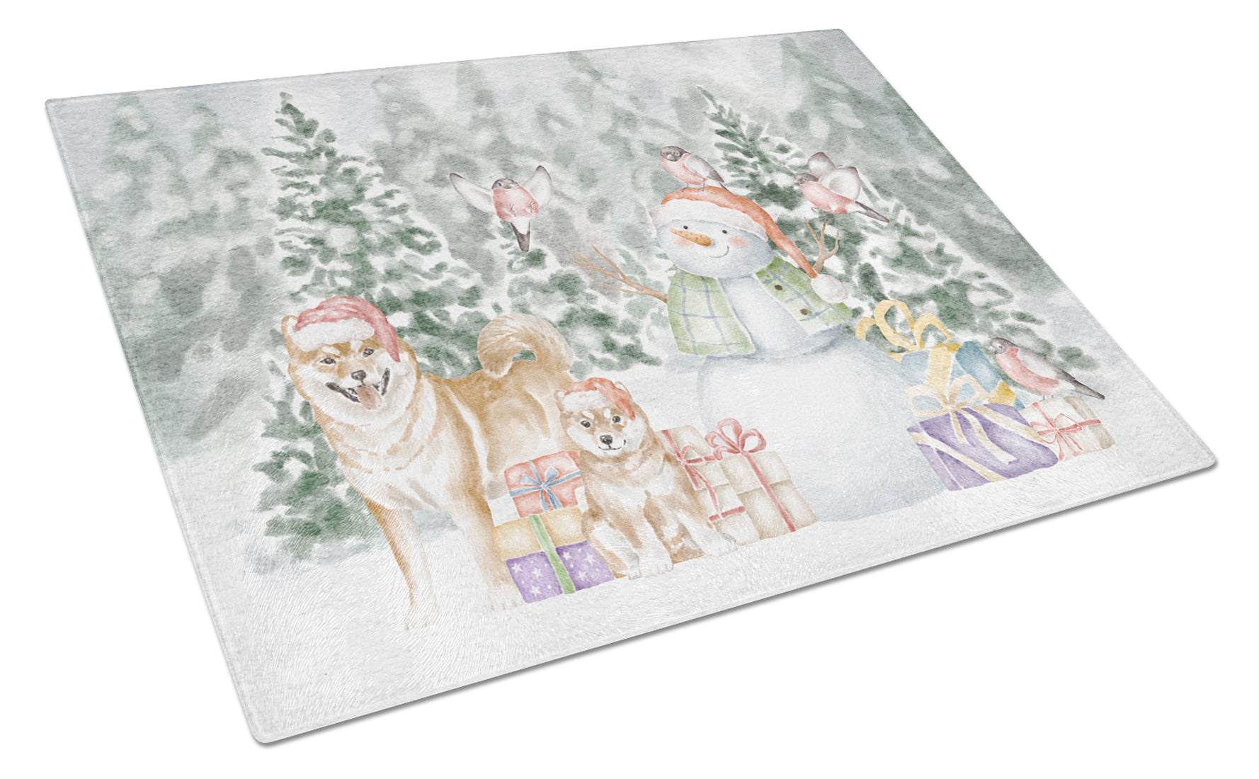 Shiba Inu Adult and Puppy Christmas Cutting Board Tempered Glass Kitchen Cutting Surface, Heat Resistant Chopping, Non-Slip Feet, Food Prep & Serving