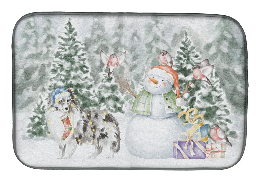 Sheltie/Shetland Sheepdog Blue Merle Standing Christmas Dish Drying Mat Absorbent Dish Drying Mat Pad for Kitchen Counter Dish Drainer Mat for Countertop, 14 x 21", Multicolor
