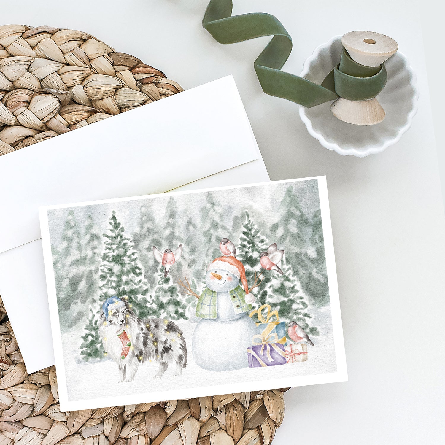 Sheltie/Shetland Sheepdog Blue Merle Standing Christmas Greeting Cards Pack of 8 Blank Cards with Envelopes Whimsical A7 Size 5x7