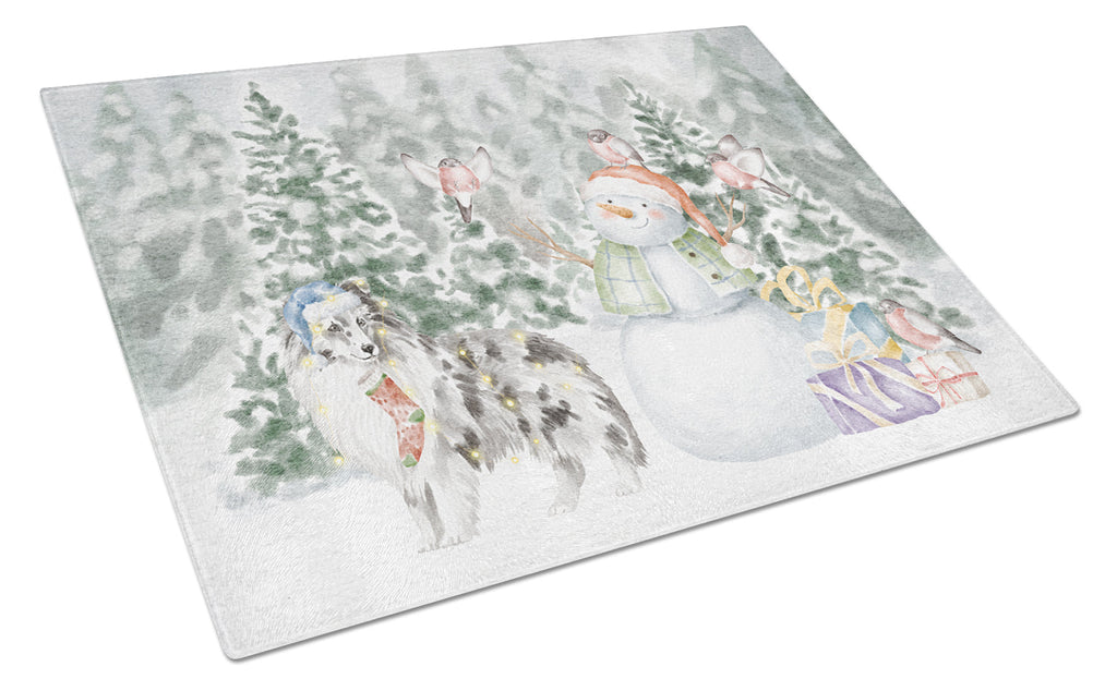 Sheltie/Shetland Sheepdog Blue Merle Standing Christmas Cutting Board Tempered Glass Kitchen Cutting Surface, Heat Resistant Chopping, Non-Slip Feet, Food Prep & Serving