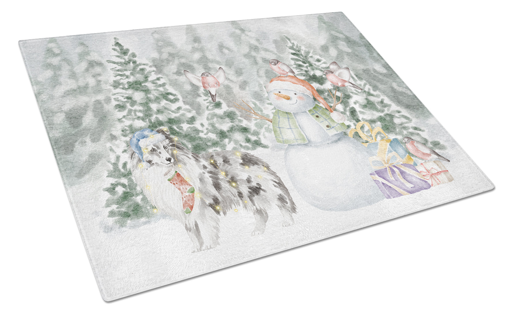 Sheltie/Shetland Sheepdog Blue Merle Standing Christmas Cutting Board Tempered Glass Kitchen Cutting Surface, Heat Resistant Chopping, Non-Slip Feet, Food Prep & Serving