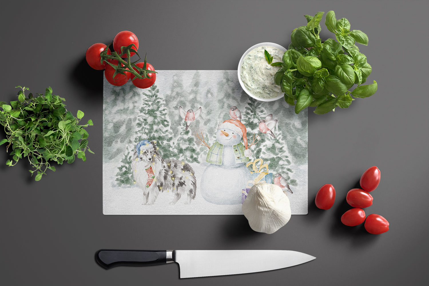 Sheltie/Shetland Sheepdog Blue Merle Standing Christmas Cutting Board Tempered Glass Kitchen Cutting Surface, Heat Resistant Chopping, Non-Slip Feet, Food Prep & Serving
