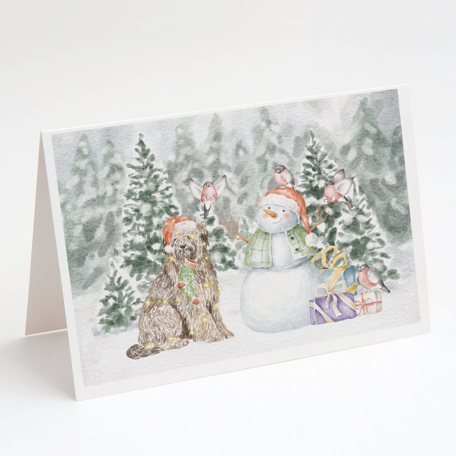 Briard Snowman and Christmas Presents Greeting Cards Pack of 8 Blank Cards with Envelopes Whimsical A7 Size 5x7