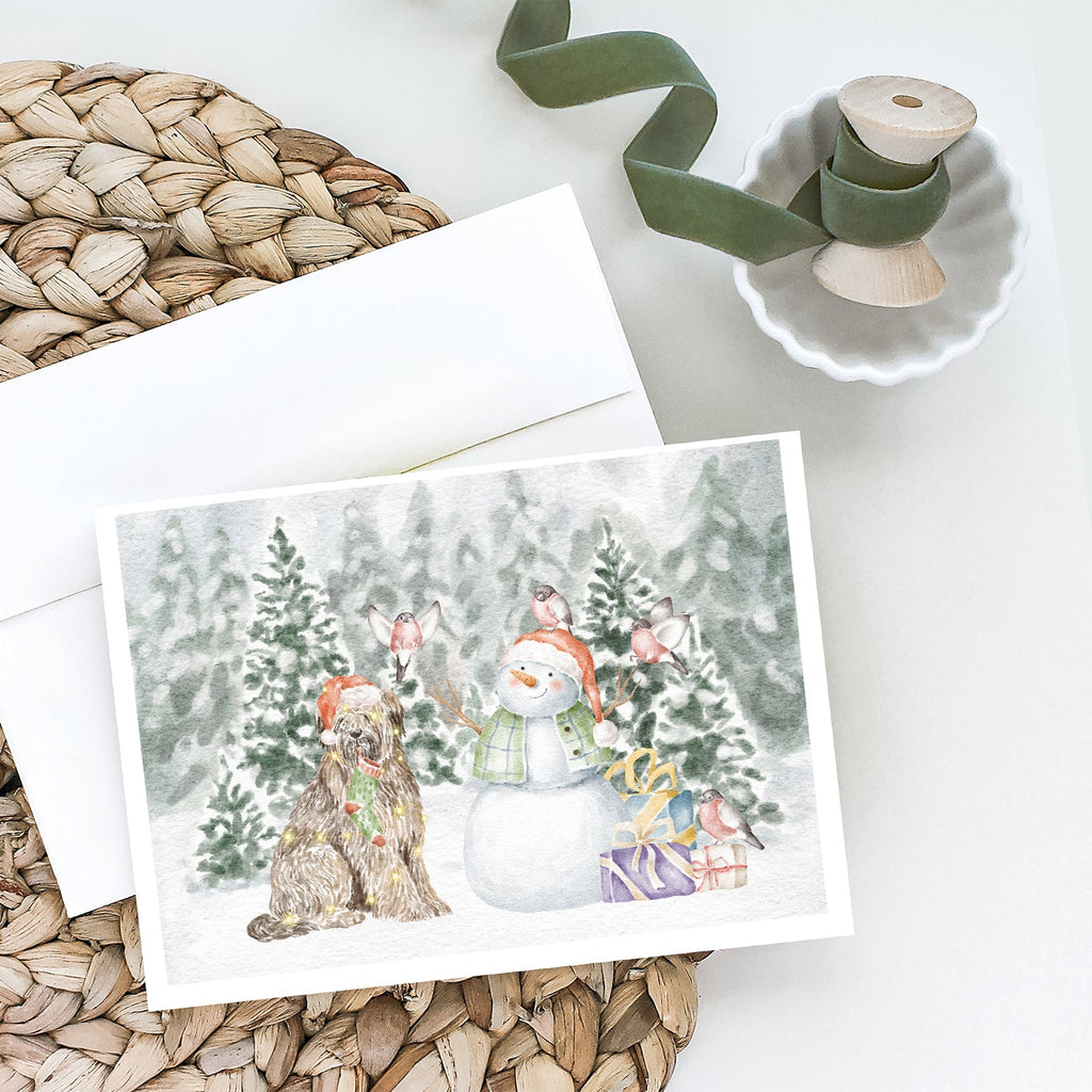 Briard Snowman and Christmas Presents Greeting Cards Pack of 8 Blank Cards with Envelopes Whimsical A7 Size 5x7