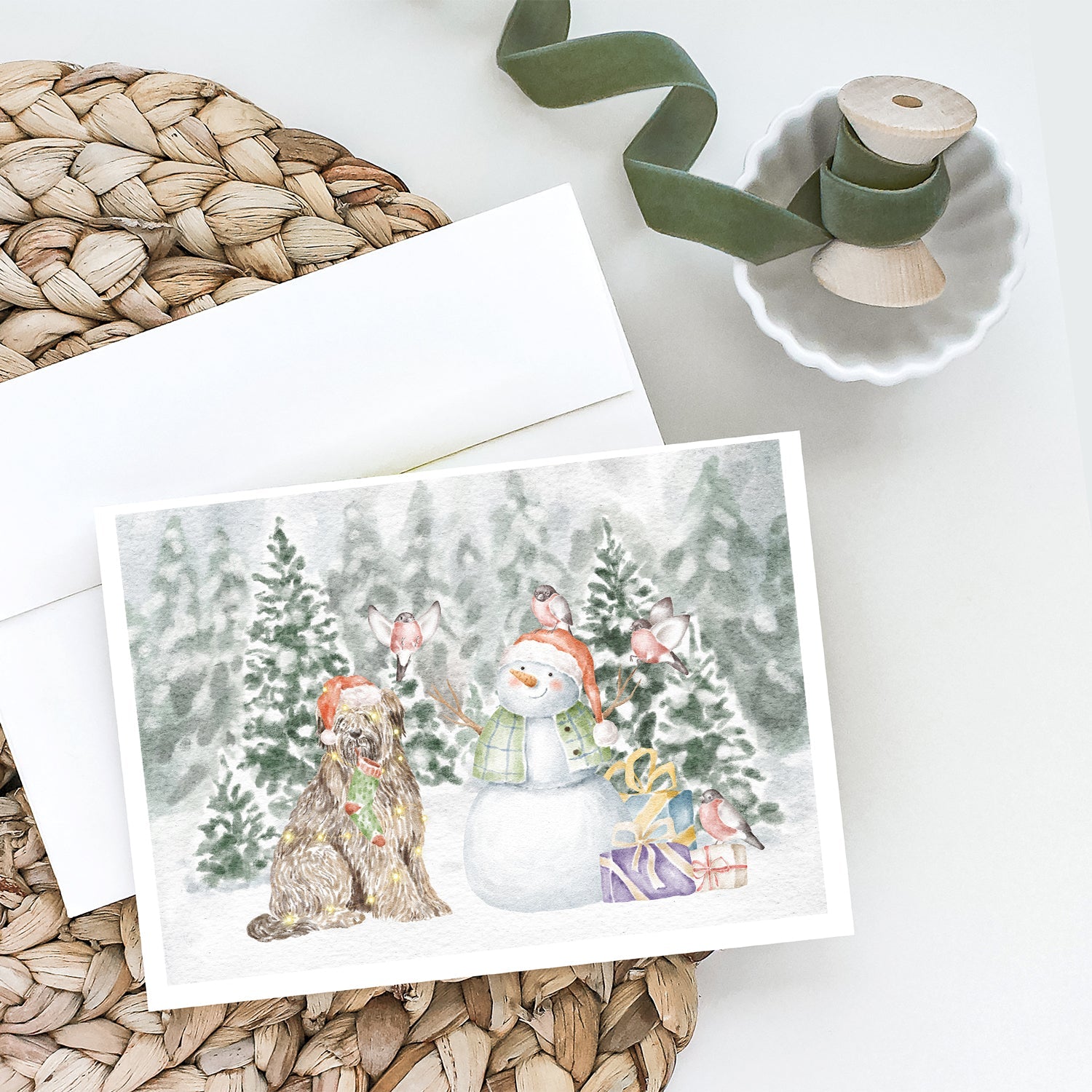 Briard Snowman and Christmas Presents Greeting Cards Pack of 8 Blank Cards with Envelopes Whimsical A7 Size 5x7