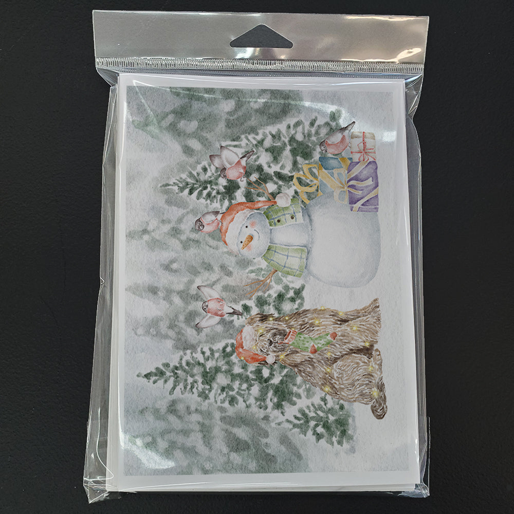 Briard Snowman and Christmas Presents Greeting Cards Pack of 8 Blank Cards with Envelopes Whimsical A7 Size 5x7