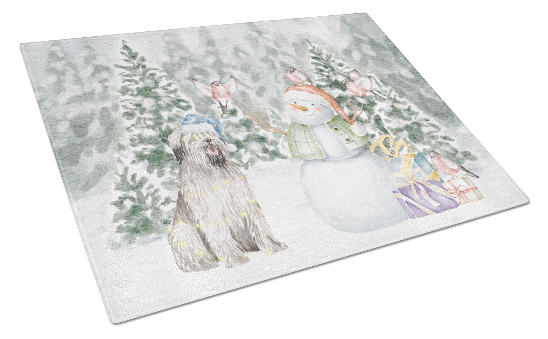 Briard Smiling Christmas Cutting Board Tempered Glass Kitchen Cutting Surface, Heat Resistant Chopping, Non-Slip Feet, Food Prep & Serving