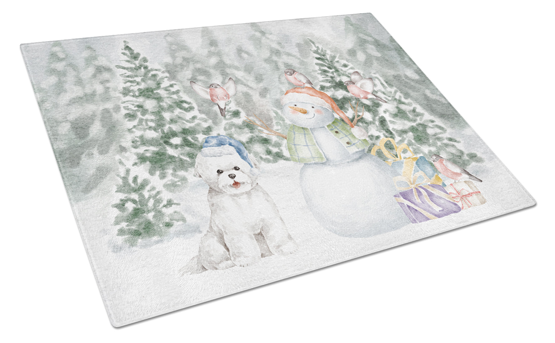 Bichon Frise Christmas Cutting Board Tempered Glass Kitchen Cutting Surface, Heat Resistant Chopping, Non-Slip Feet, Food Prep & Serving